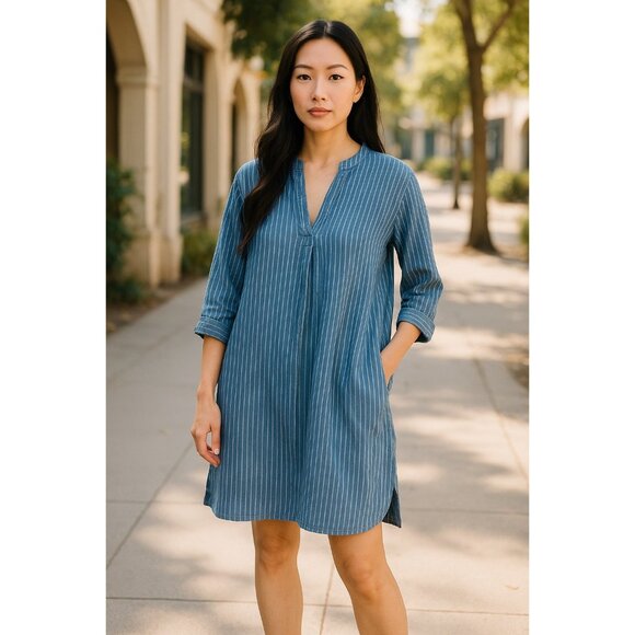 Garnet Hill Womens Blue & White Striped 100% Linen Tunic Dress V-Neck 3/4 Sleeve - Picture 10 of 15